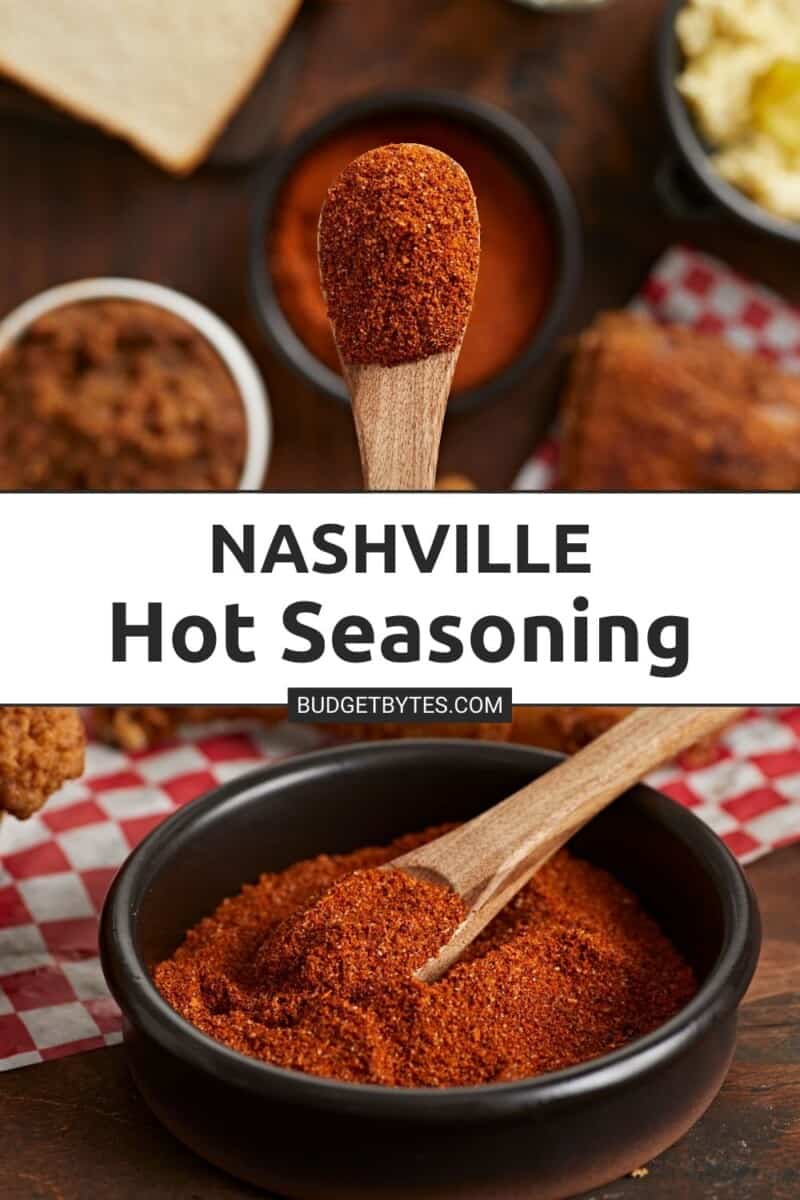 Collage de dos fotos de Nashville Hot Seasoning.  La foto superior es un primer plano desde arriba del condimento en una cuchara de madera.  La toma inferior es una vista lateral del condimento en un recipiente negro con una cuchara dentro.
