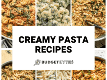 Collage of creamy pasta recipe photos with title text in the center.