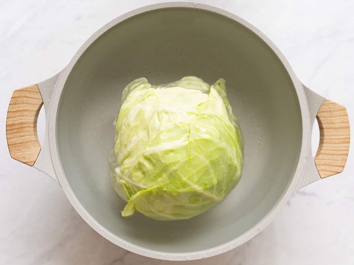 Overhead shot of cabbage in a dutch oven boiling in water.