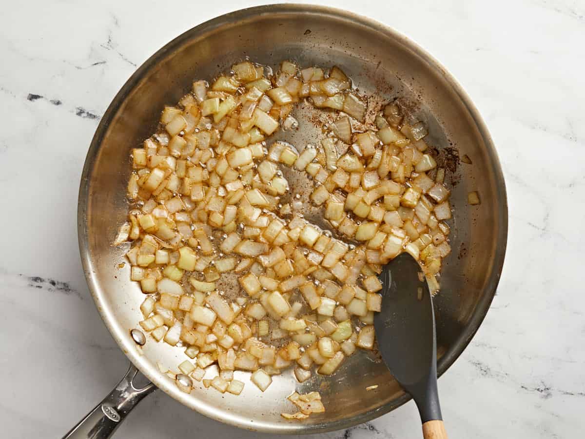 Browned onions in the skillet.