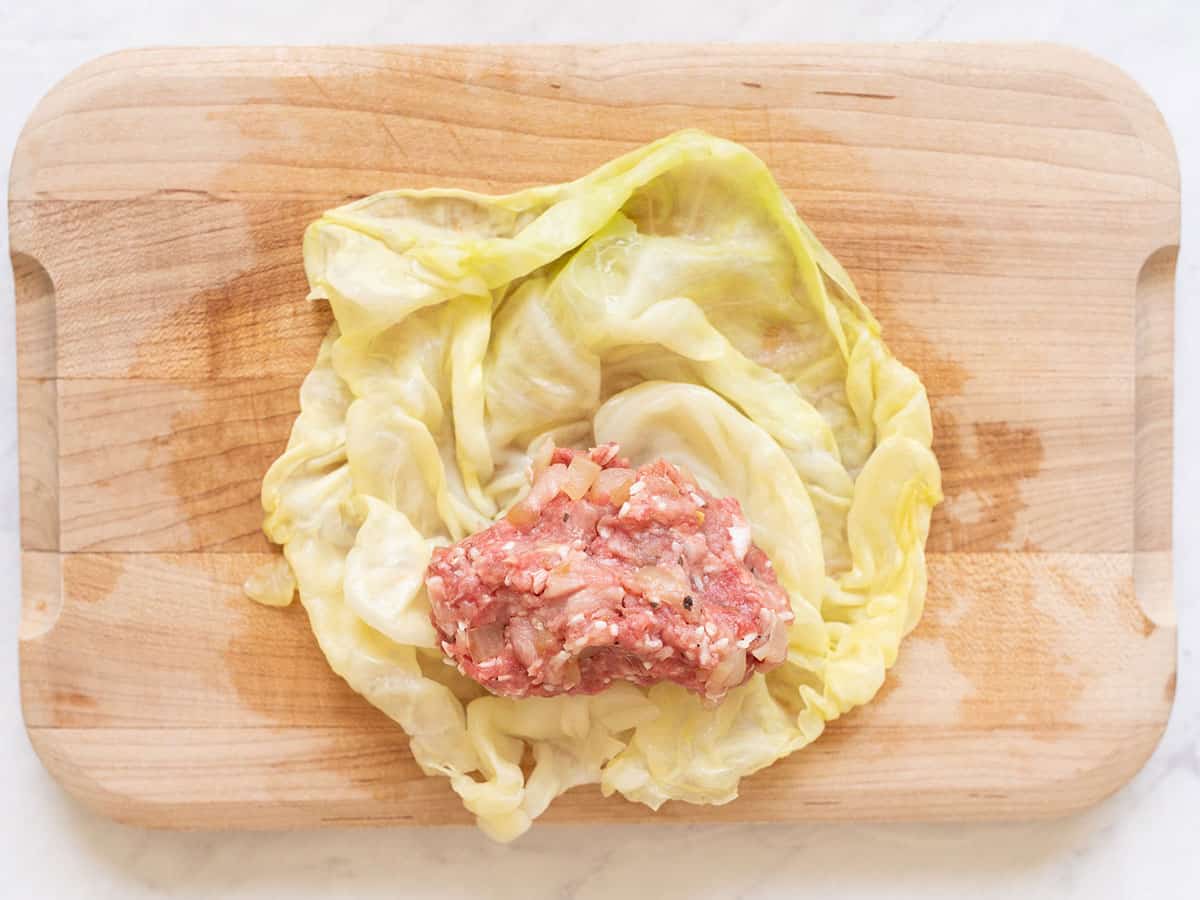 Overhead view of flat cabbage leaf stuffed with filling