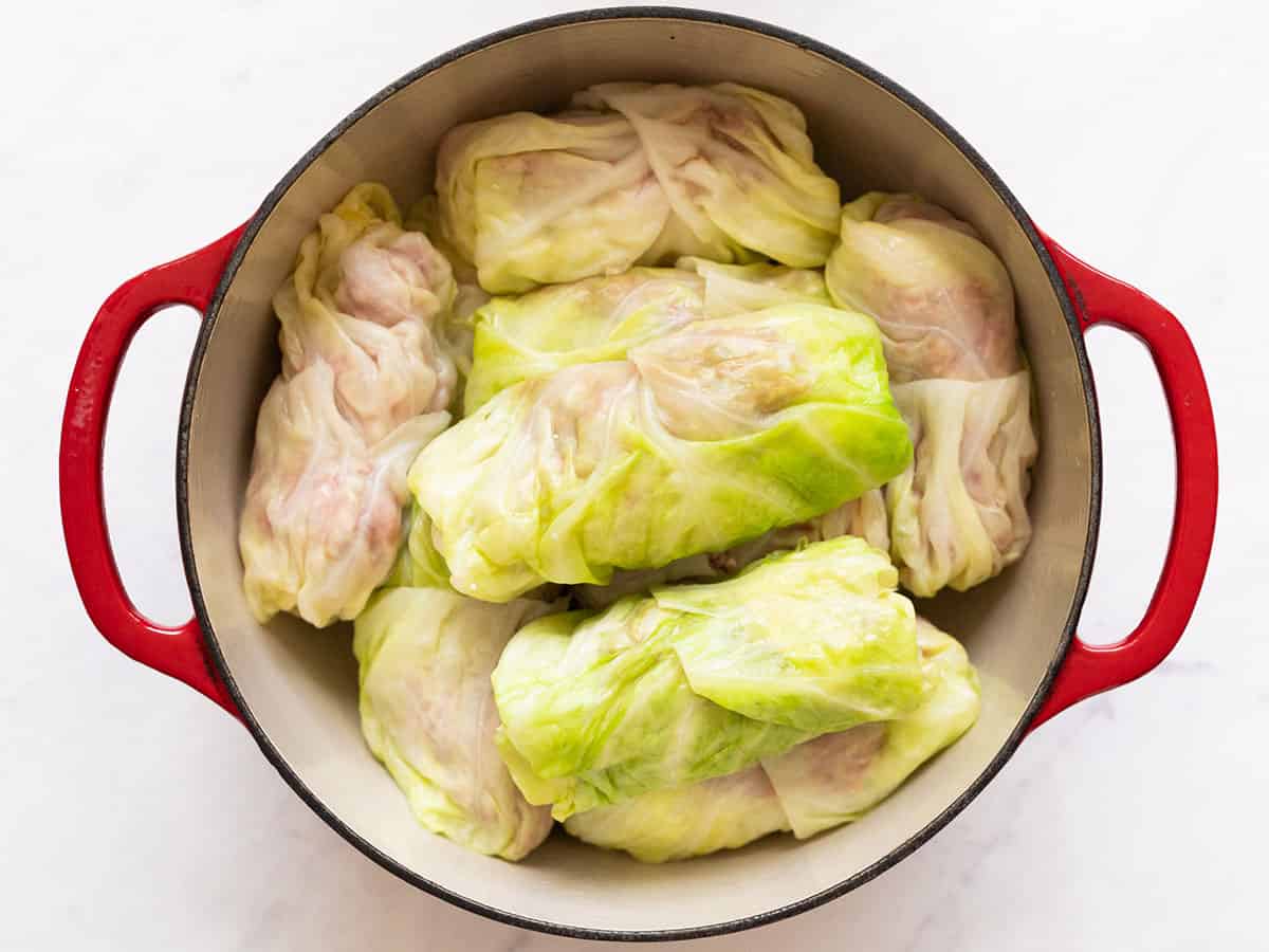 Overhead view of stuffed and rolled cabbage leaves placed side by side in a dutch oven.