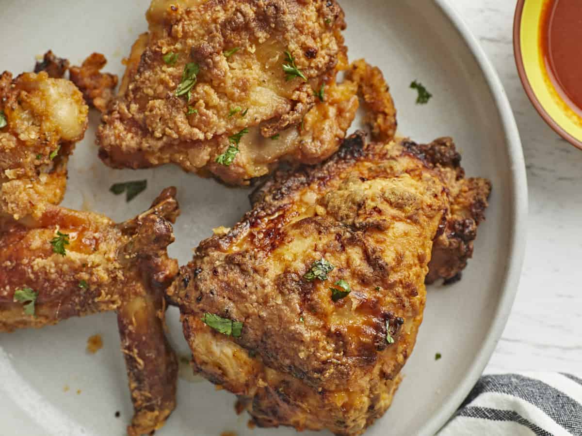 Overhead view of Air Fryer Fried Chicken plated.