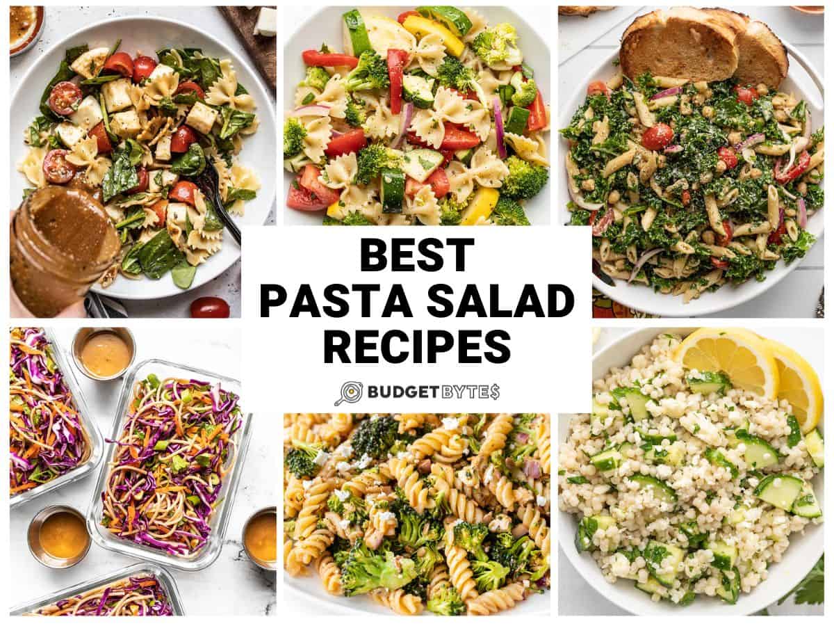 Collage of several pasta salad recipes with text in the center