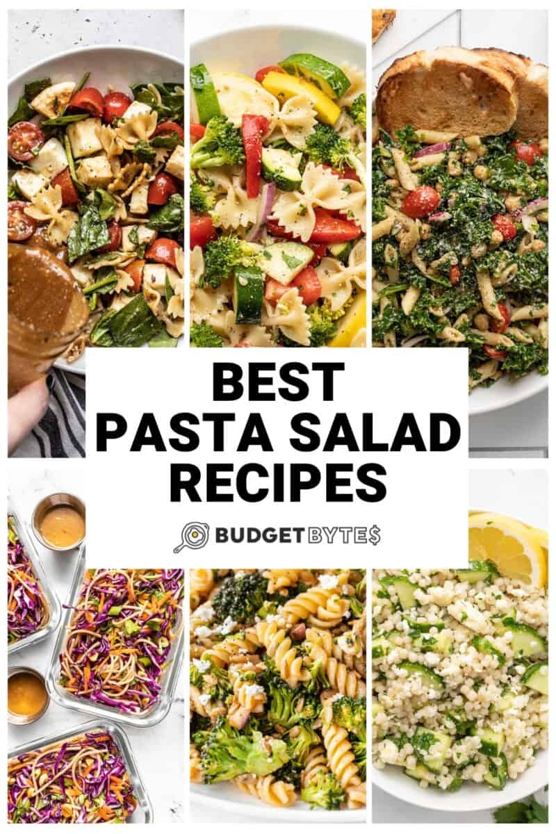 collage of several pasta salad recipes with text in the center