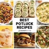 Collage of potluck recipe images with title text in the center.