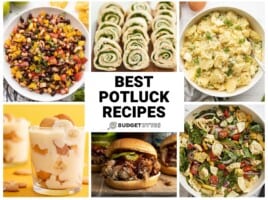 Collage of potluck recipe images with title text in the center.
