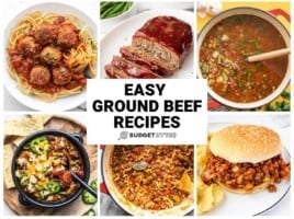 Collage of ground beef recipe images with title text in the center.