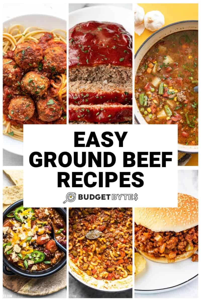 Collage of ground beef recipe images with title text in the center.