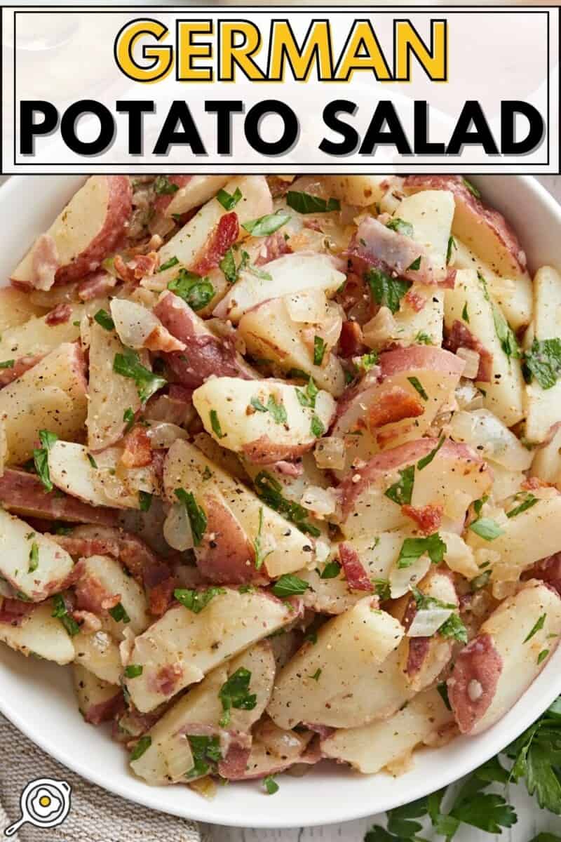 Close up overhead view of German Potato Salad in a bowl.