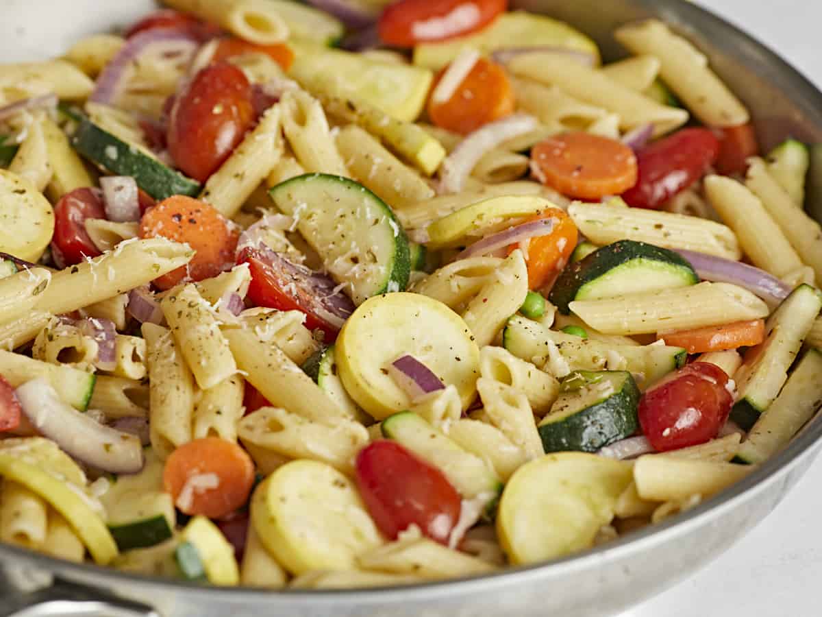 Close up side view of Pasta Primavera in the skillet.
