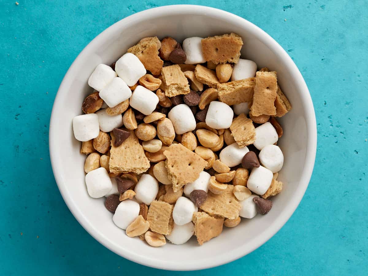 Overhead view of a bowl full of S'mores trail mix.