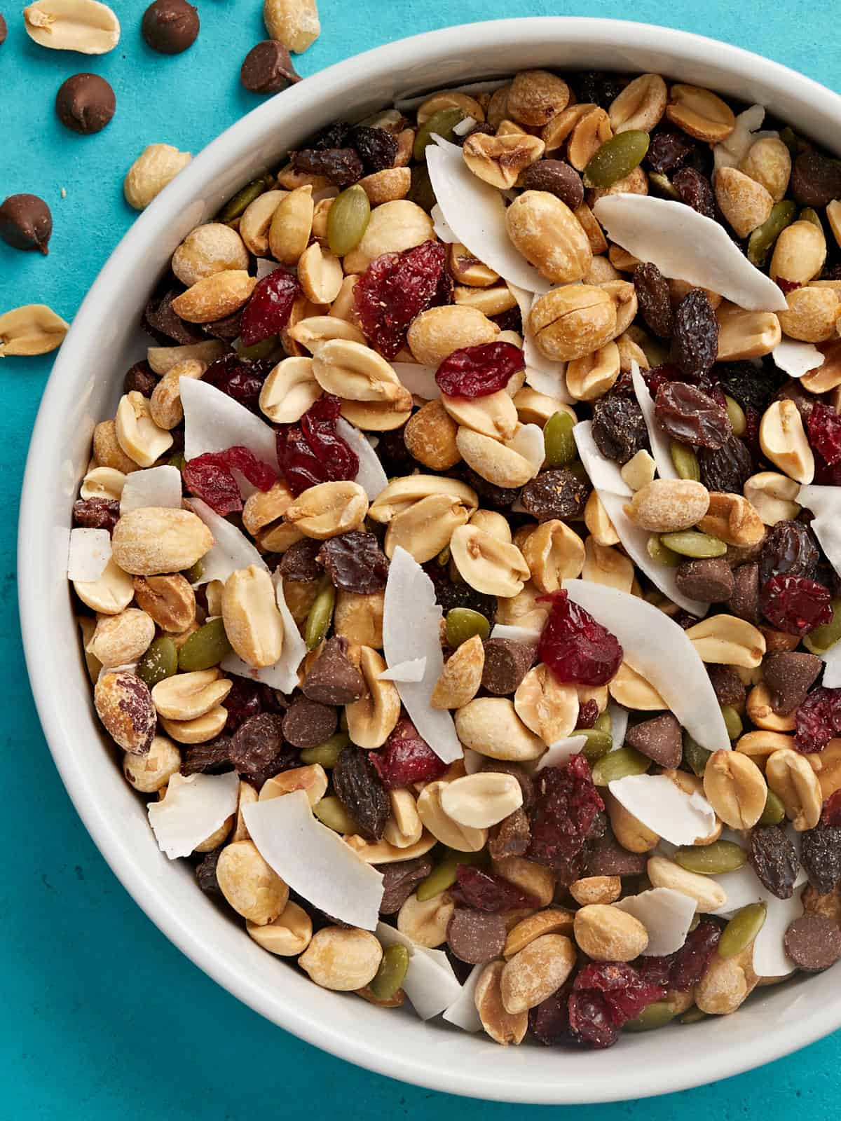 Close up overhead view of a bowl full of trail mix.