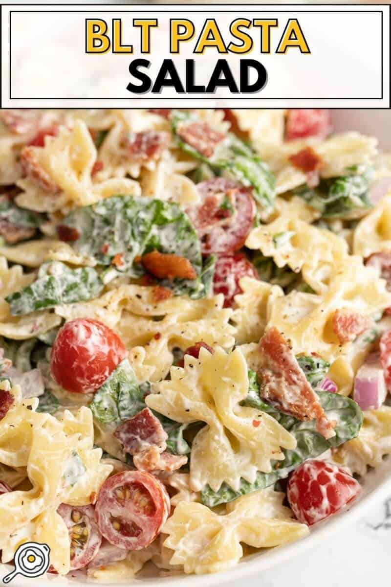 Close up side view of a bowl of BLT pasta salad.