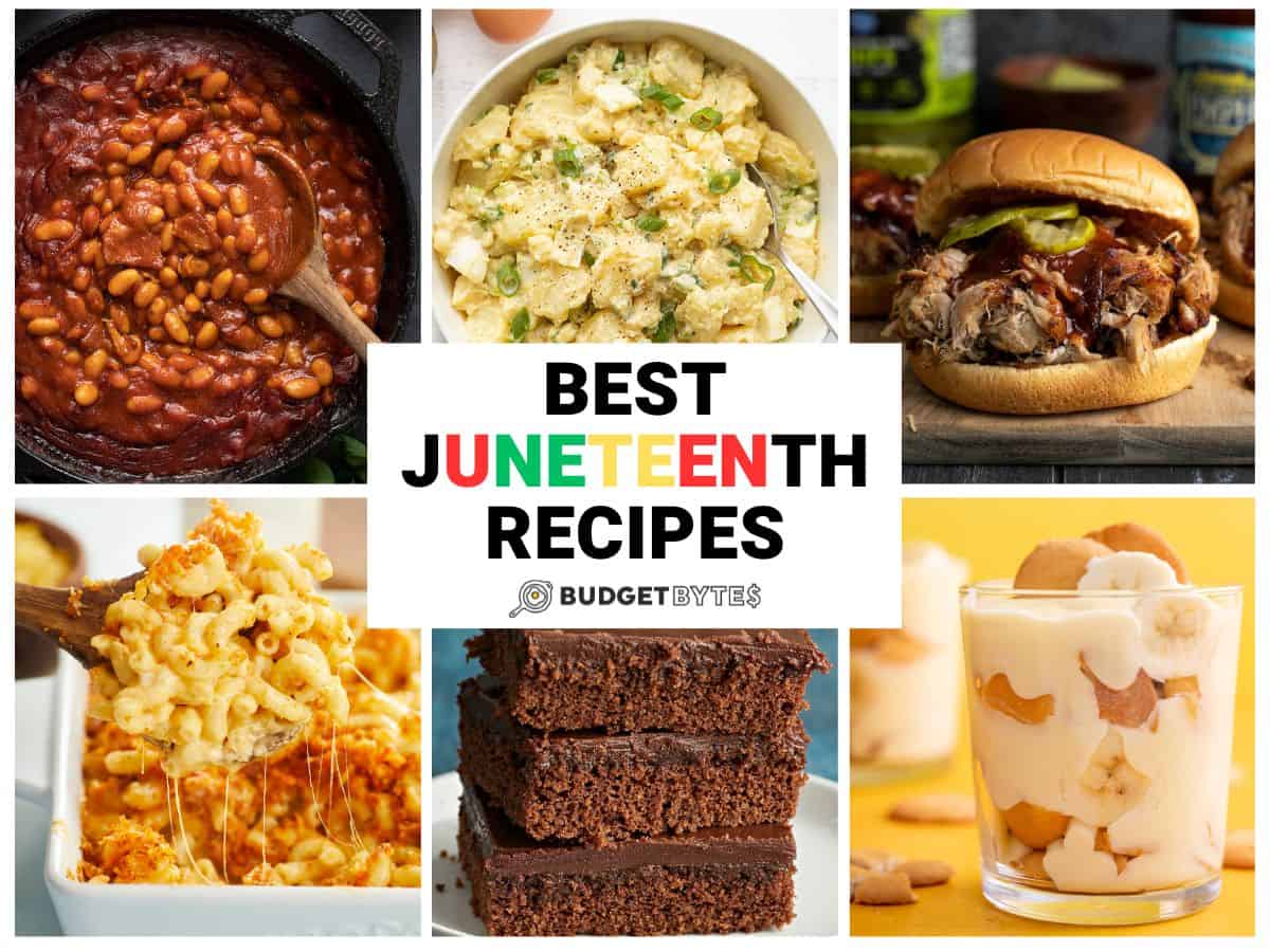 Collage of BBQ and Soul Food type recipes with Best Juneteenth Recipes title in the center.