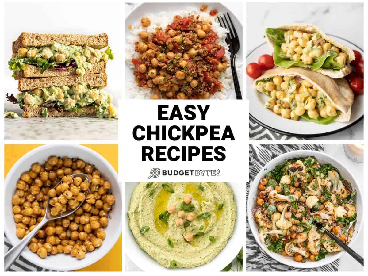 Collage of 6 different easy chickpea recipes with title text in the center.