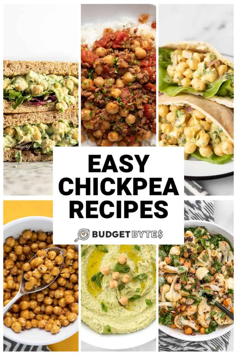 Collage of 6 different easy chickpea recipes with title text in the center.