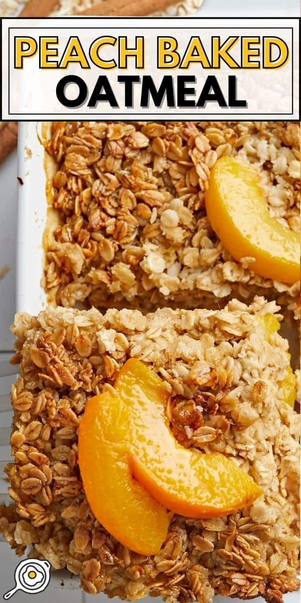 Overhead shot of a portion of Peach Baked Oatmeal being lifted out of a white baking dish.