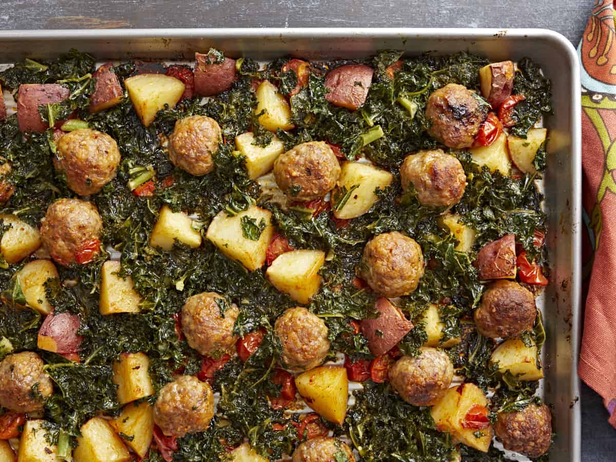 Overhead shot of Sausage Meatball and Kale Sheet Pan Meal.