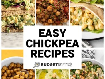 Collage of 6 different easy chickpea recipes with title text in the center.