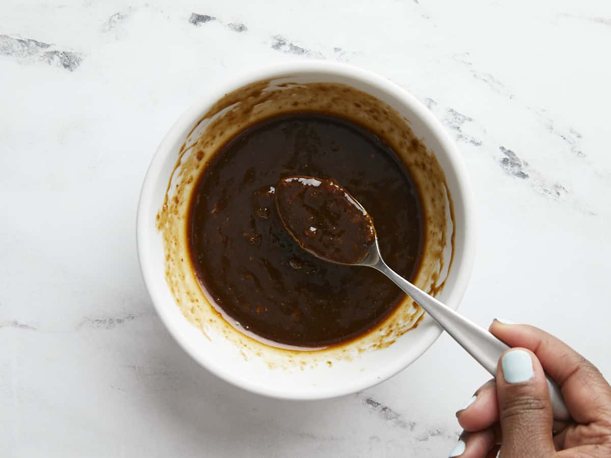 Overhead shot of a bowl of asian sauce mixture.