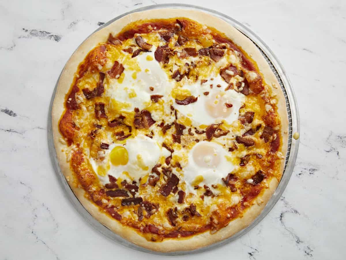 Baked breakfast pizza.