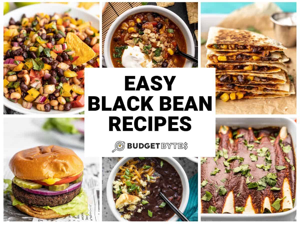 Collage of six black bean recipes with title text in the center.