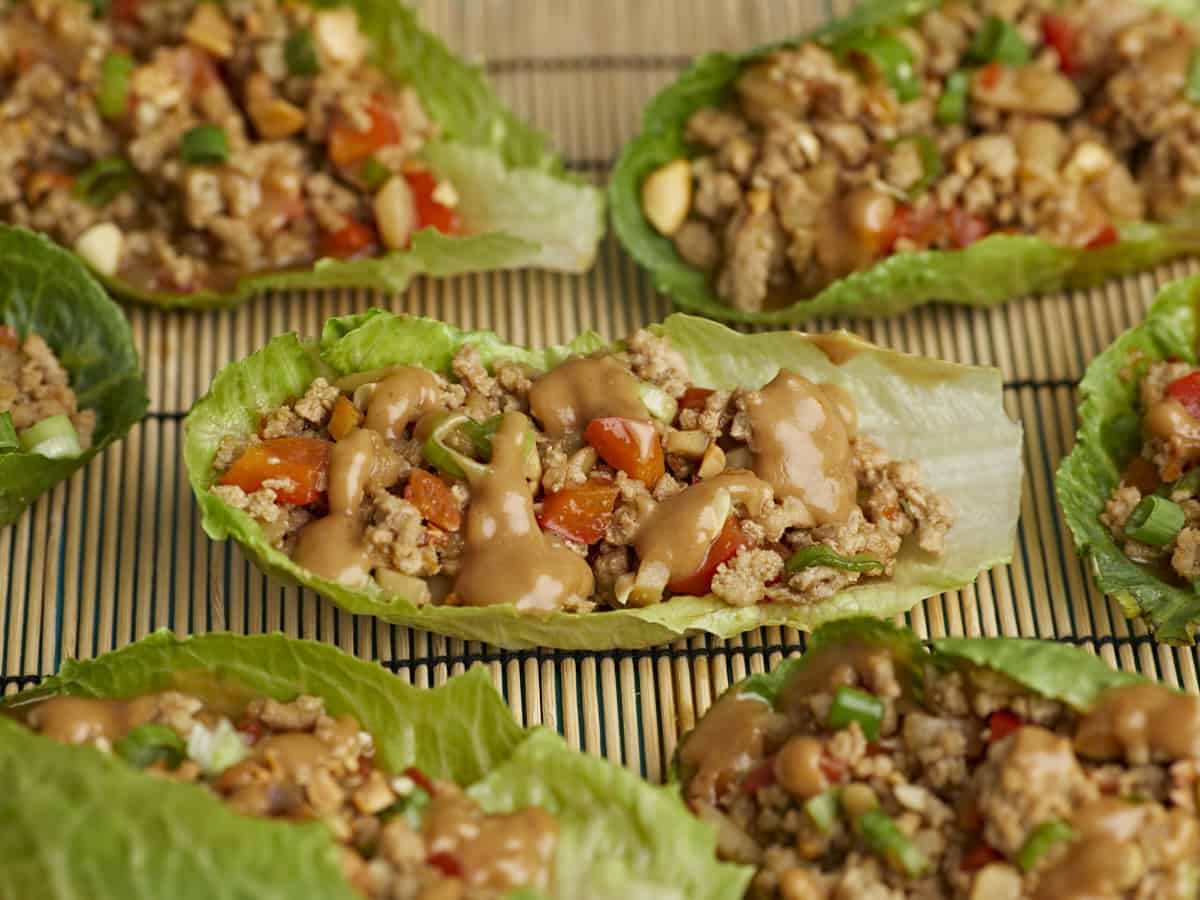 Side angle shot of chicken lettuce wraps