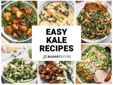 Collage of six kale recipe photos with title text in the center.