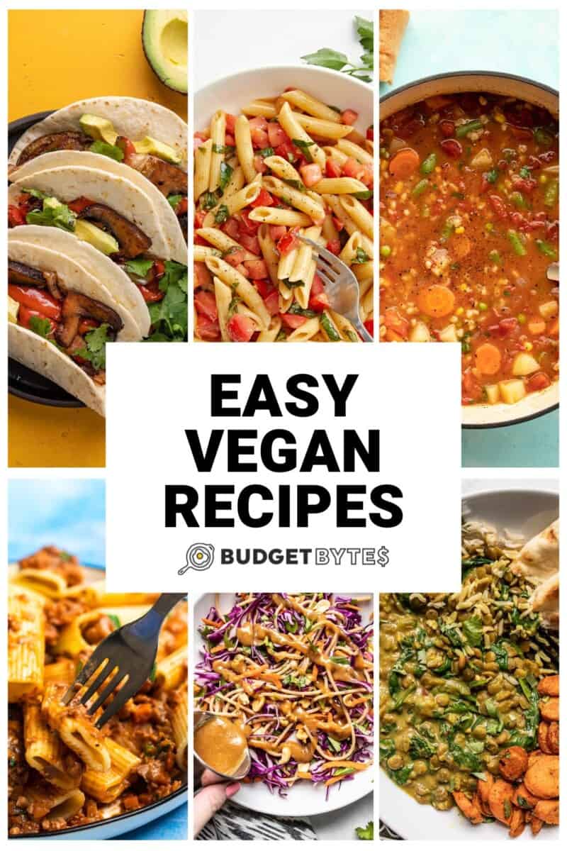 Collage of six vegan recipes with title text in the center.