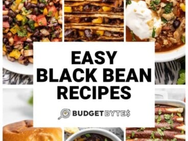 Collage of six black bean recipes with title text in the center.