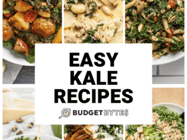 Collage of six kale recipe photos with title text in the center.