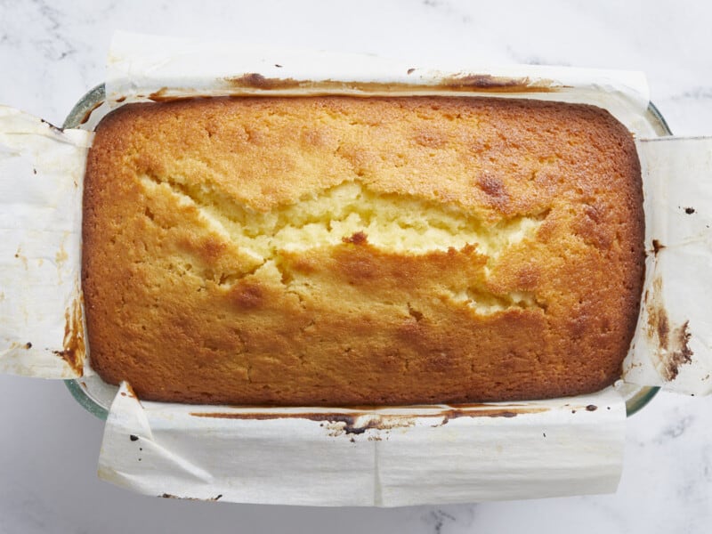 Baked lemon pound cake in the baking pan. 