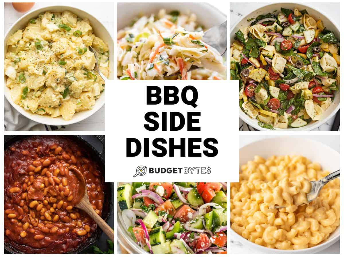 Collage of six BBQ side dishes with title text in the center.