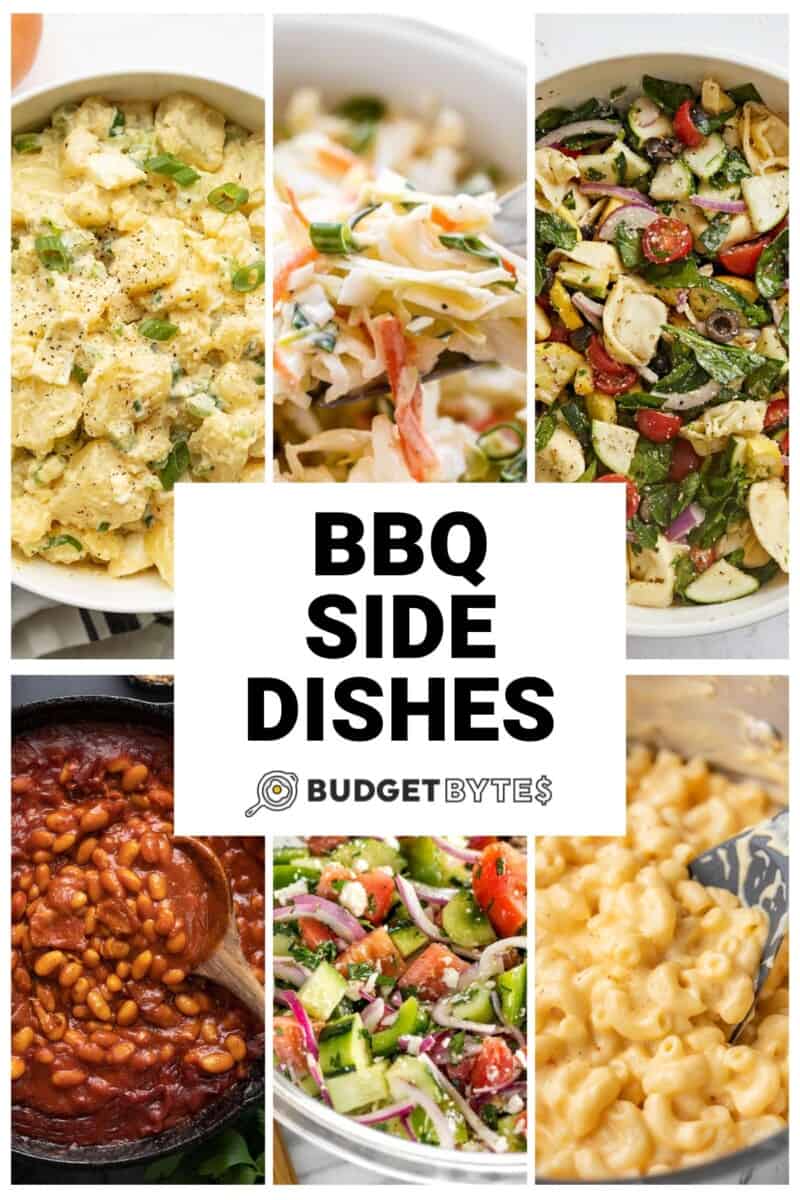 Collage of six BBQ side dishes with title text in the center.