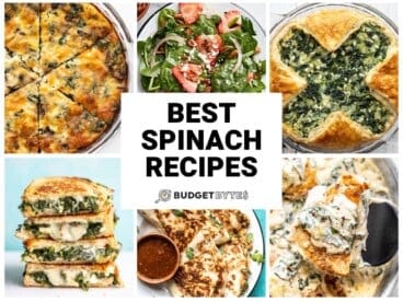 Collage of six spinach recipes with title text in the center.