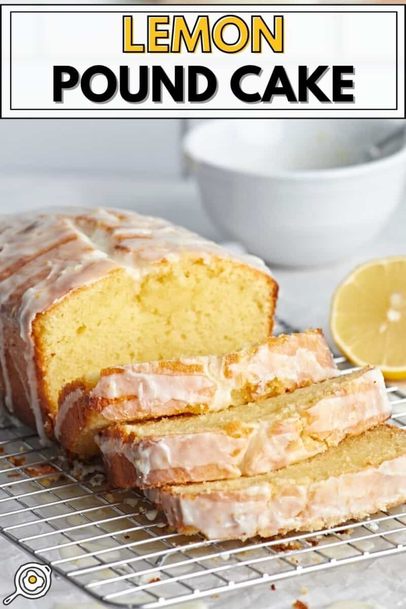 Front view of a sliced loaf of lemon pound cake.