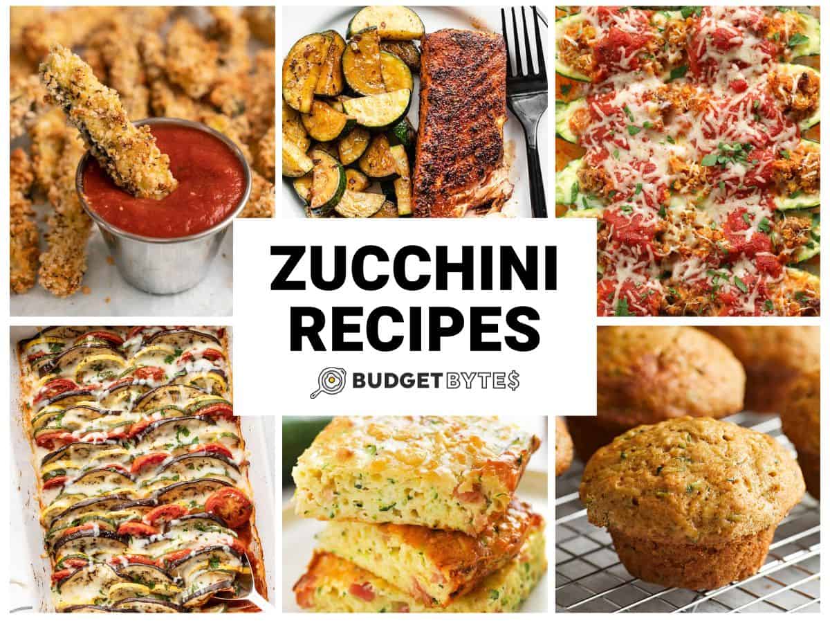 Six zucchini recipes in a collage with the title text in the center.