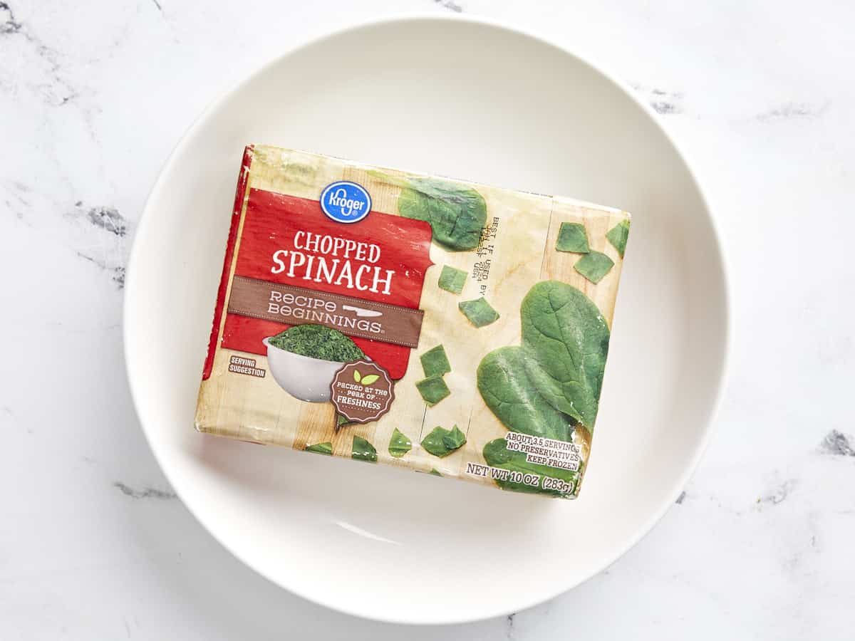Frozen spinach package on a plate. 