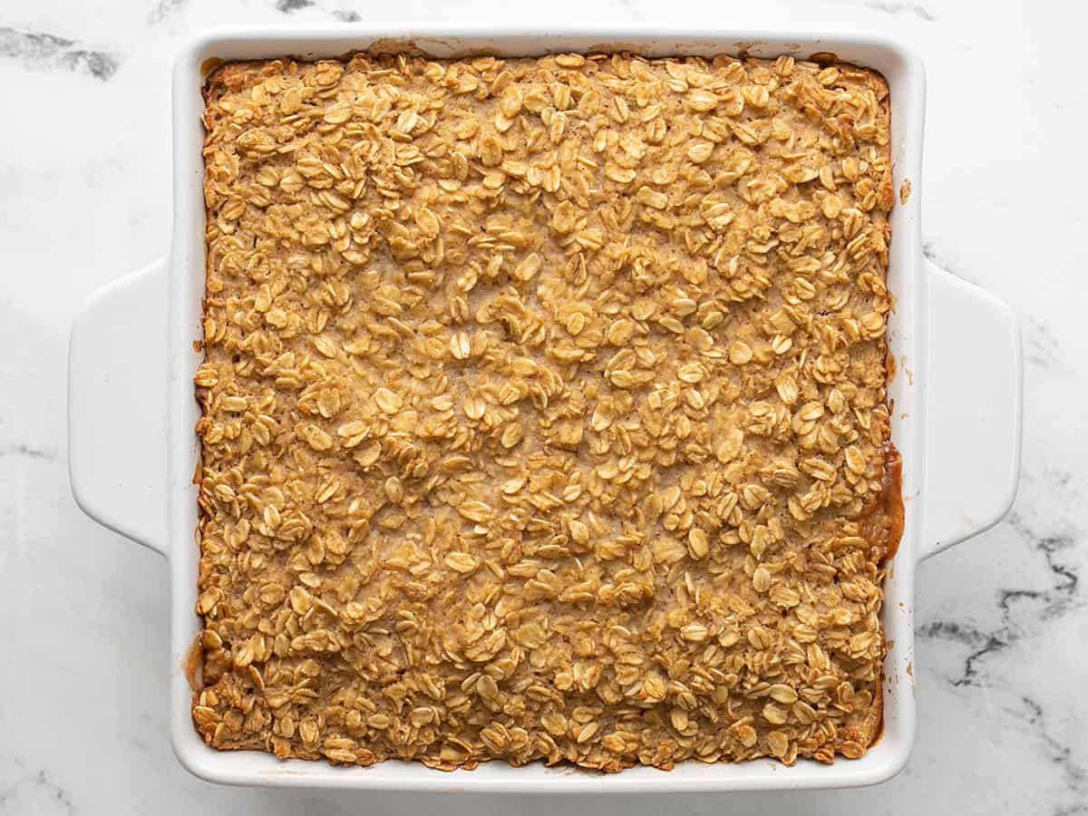 Baked oatmeal in the casserole dish from above.
