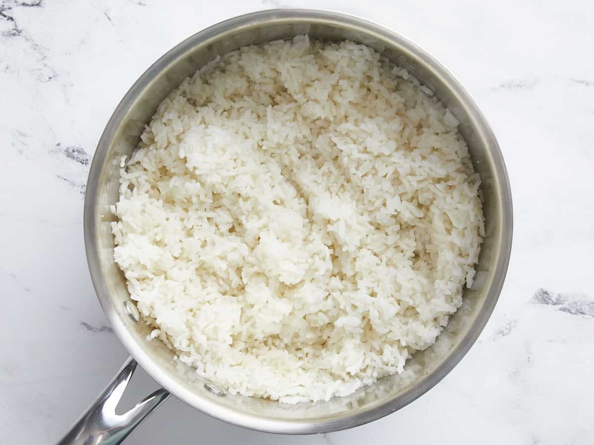 Fluffed rice in the pot.