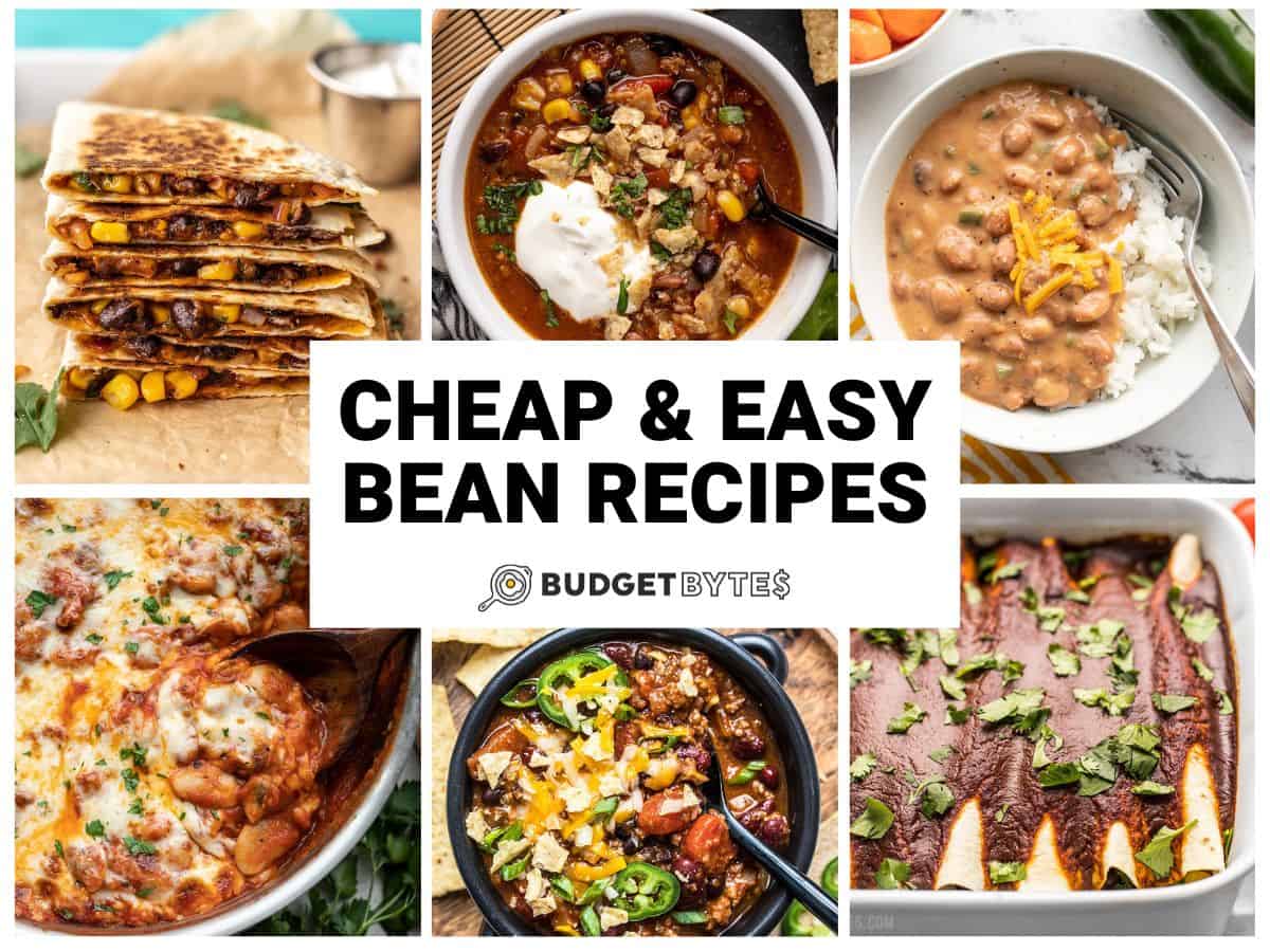 Collage of six easy bean recipes with title text in the center.