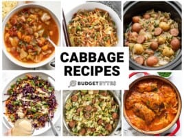 Collage of six cabbage recipes with title text in the center.