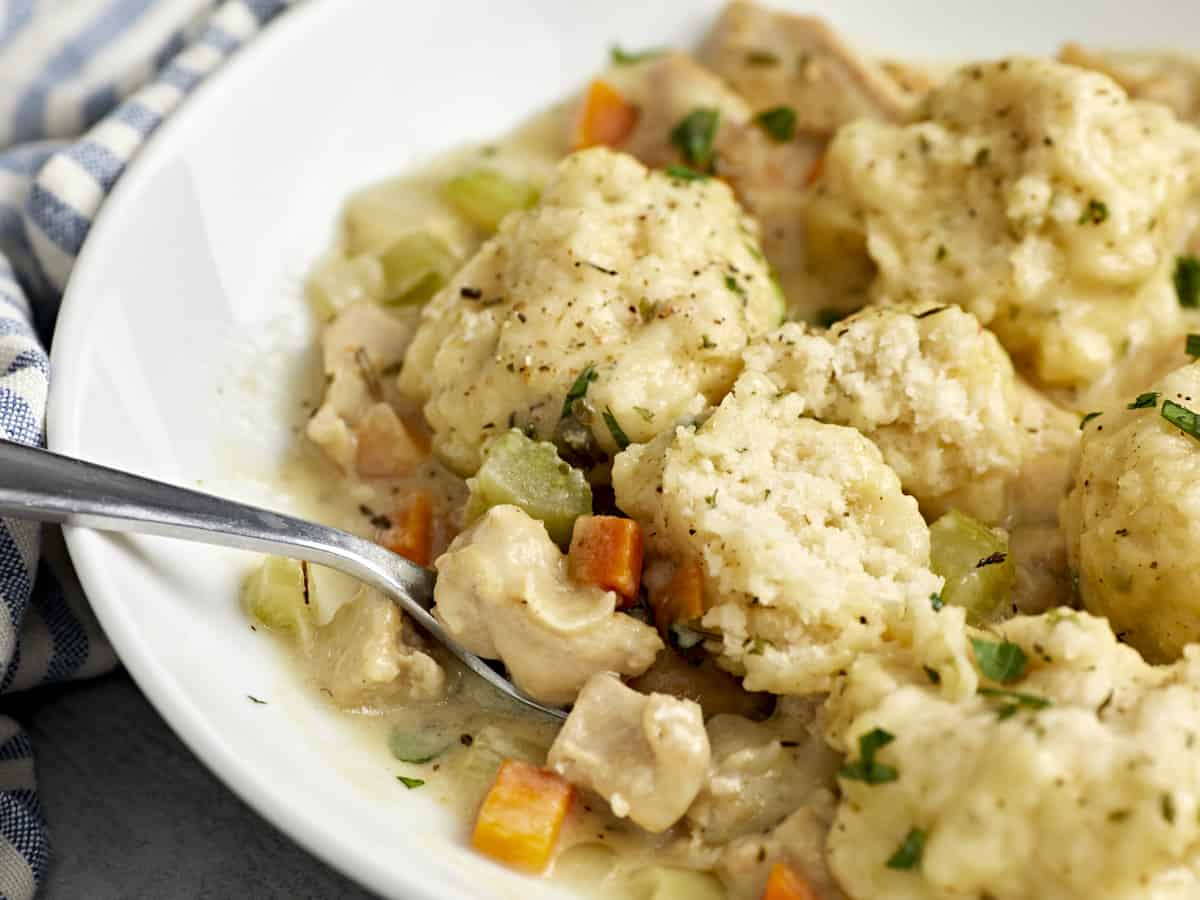 Side view of a bowl of chicken and dumplings with a spoon cutting into a dumpling.