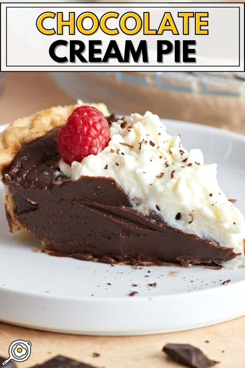 Side view of a slice of chocolate cream pie.