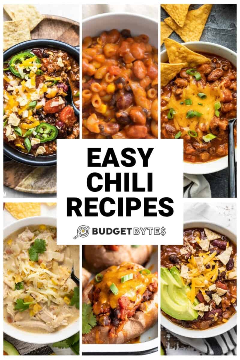 Collage of six easy chili recipes with title text in the center.