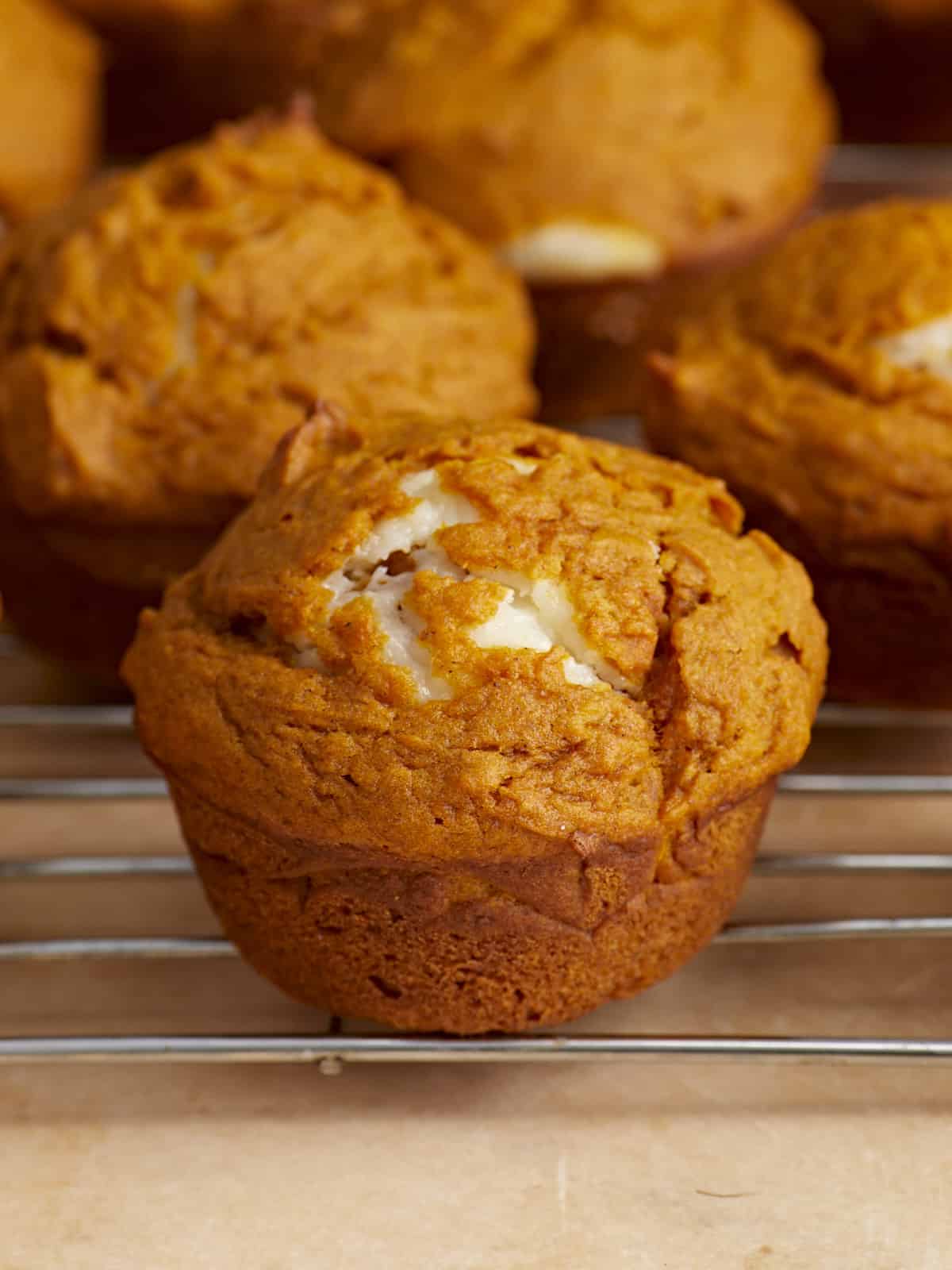 Close up side view of the pumpkin muffins cooling on a wire rack.