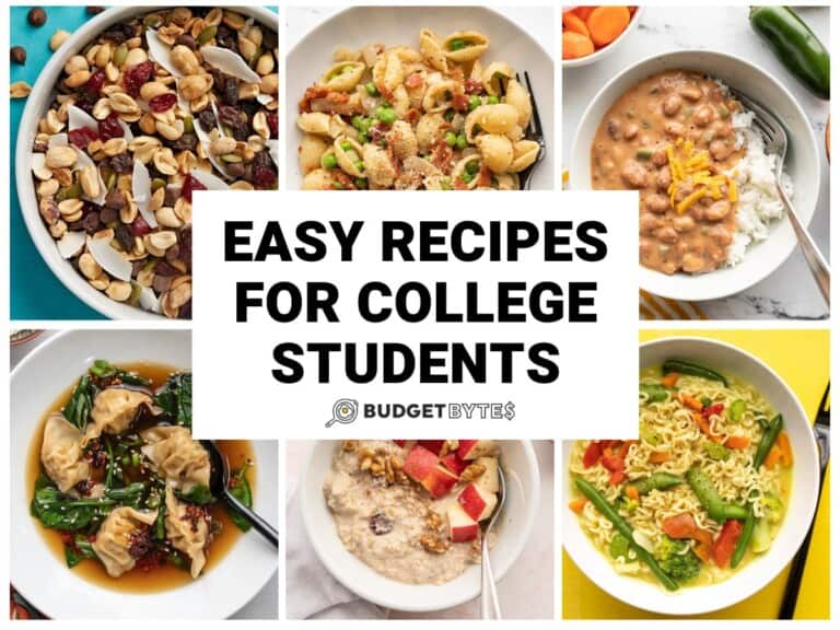 Collage of images of recipes for college students with title text in the center.