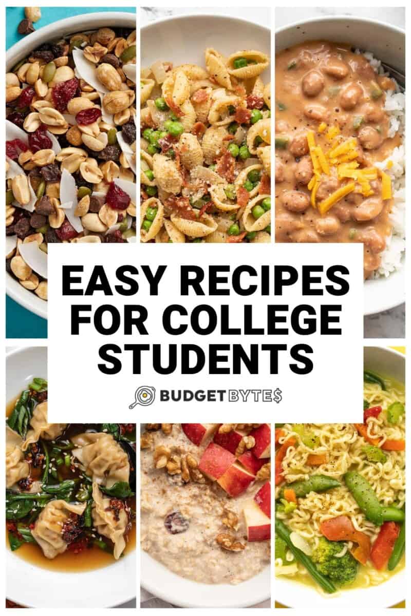 Collage of images of recipes for college students, title text in the center.