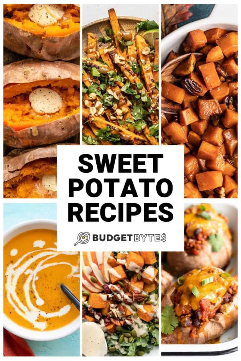 Collage of six sweet potato recipes with title text in the center.